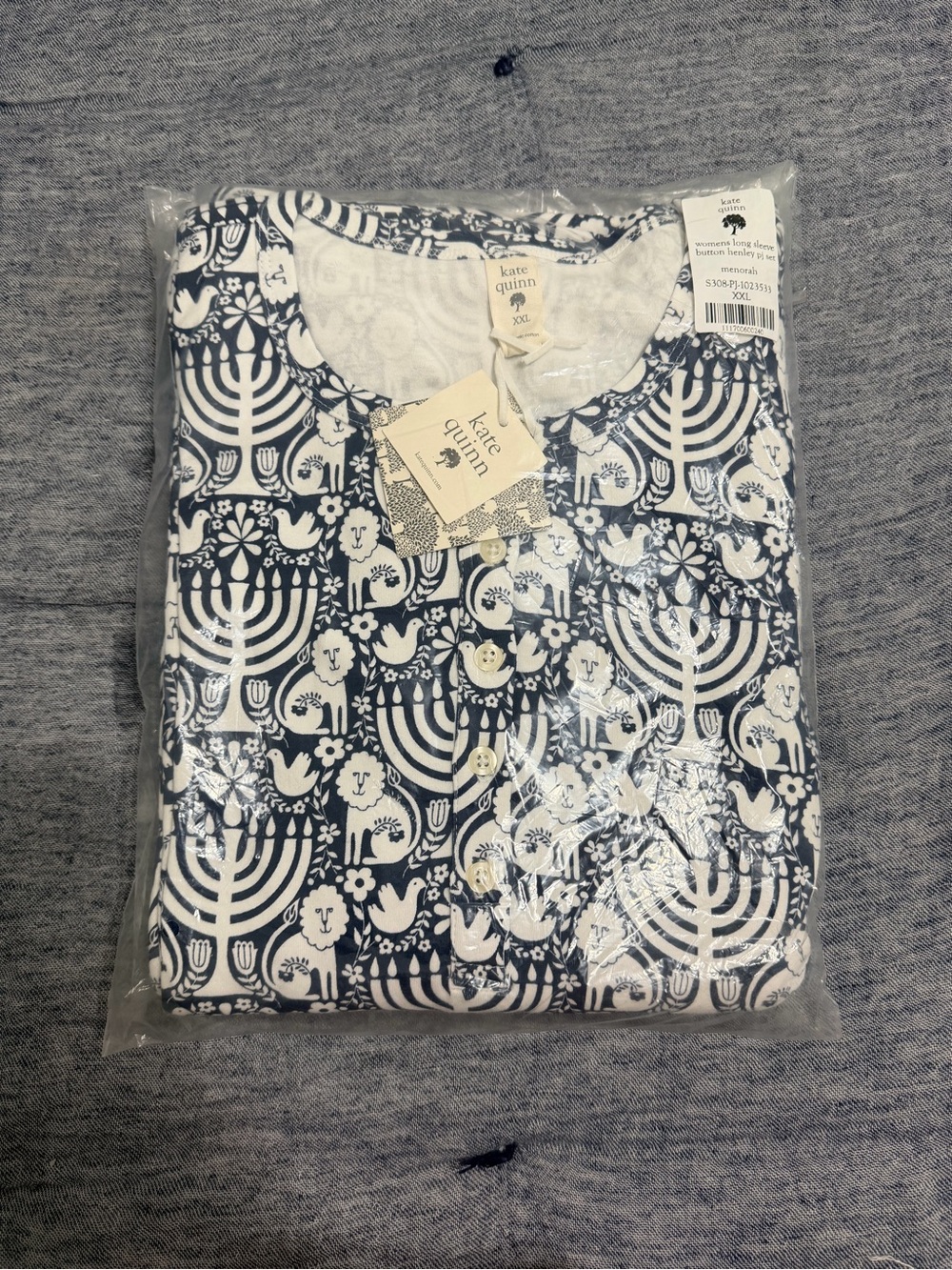 NWT! Kate Quinn Long Sleeve Button Henley Pajama Set Menorah Size XXL